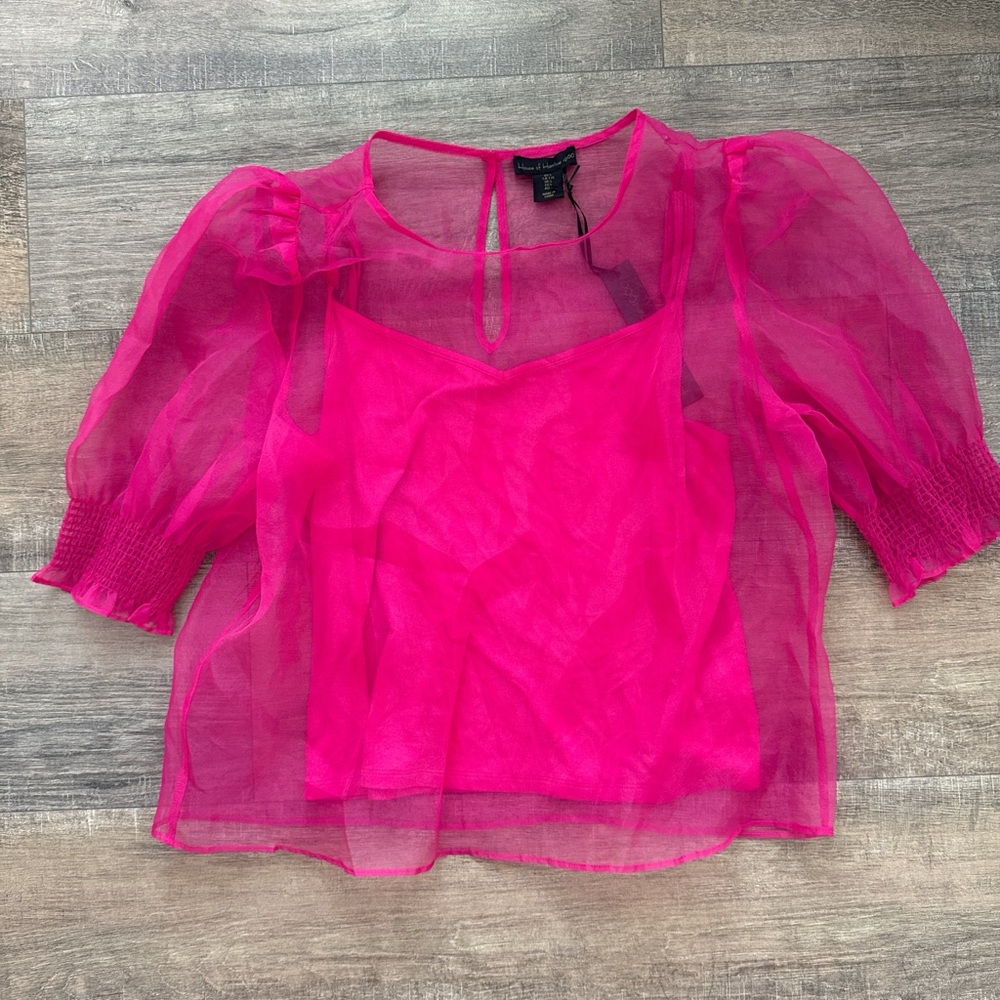 House of Harlow 1960 Hot Pink Sheer Puff-Sleeve Blouse with Cami